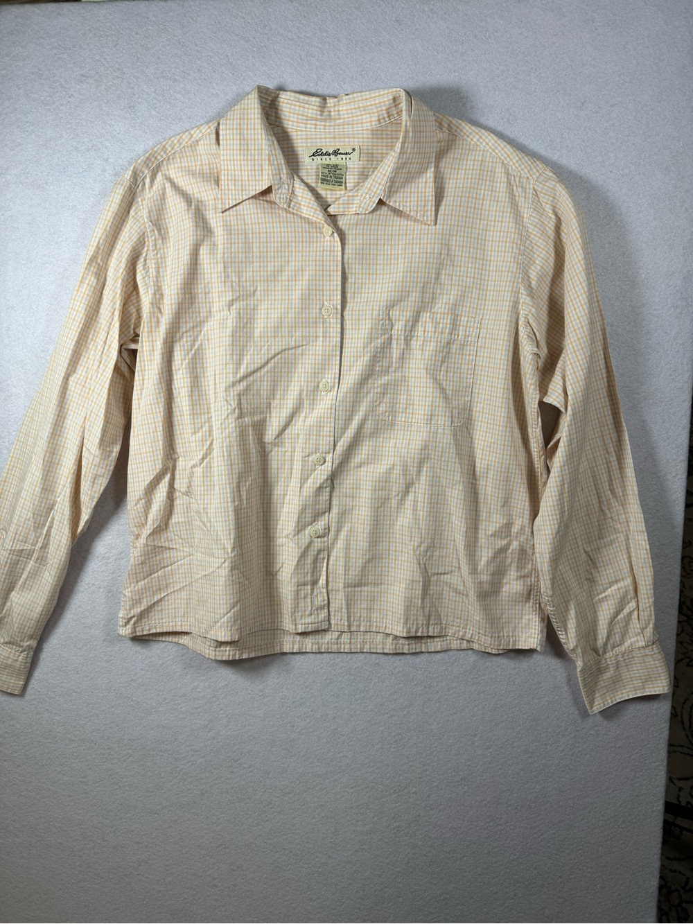 Eddie Bauer Cream and Yellow Plaid Button-Down Shirt